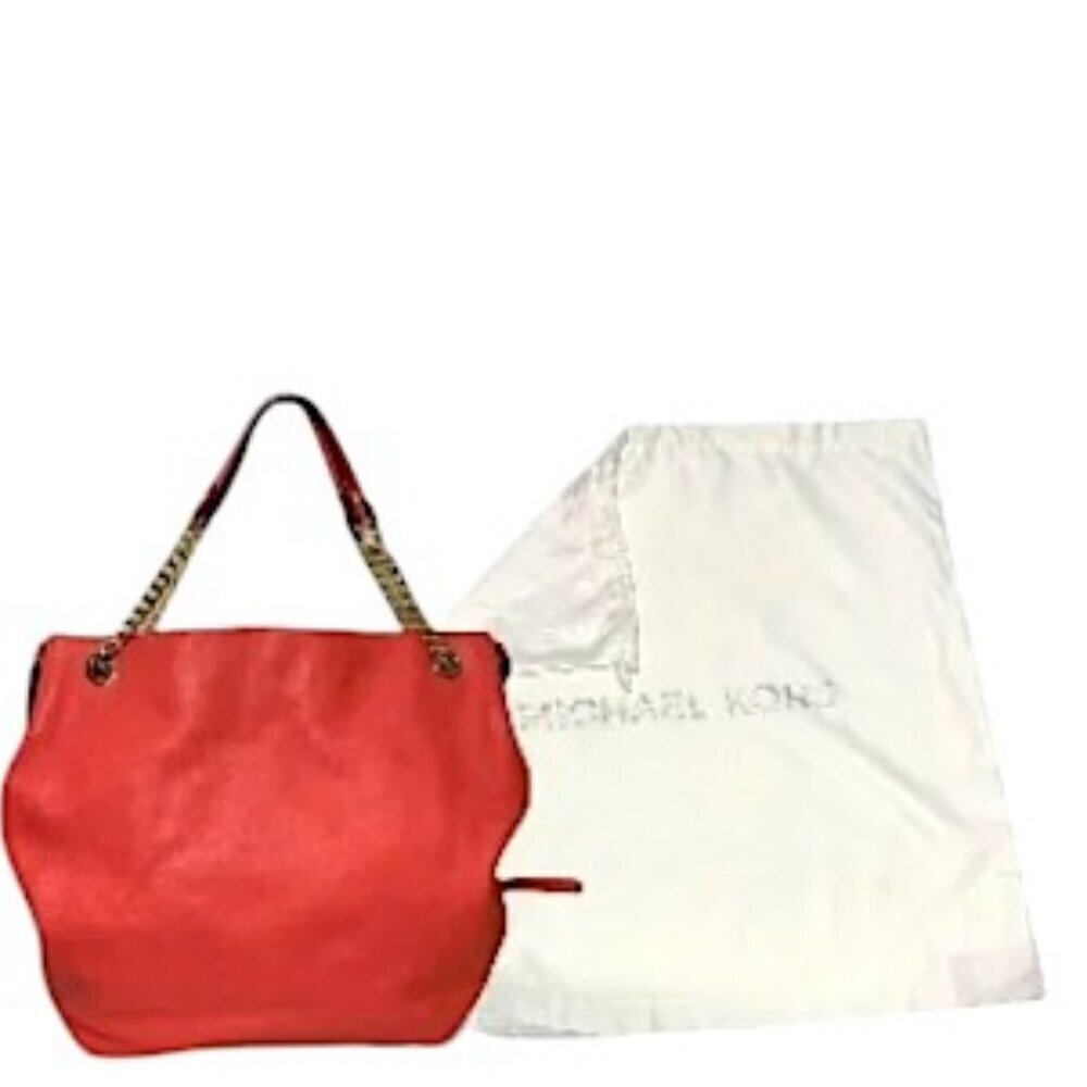 Michael Kors Red Pebbled Leather Oversized Shoulder Bag With Gold Chain Strap - Picture 2 of 11